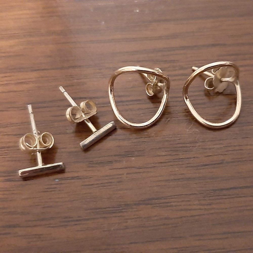 Set of real gold earrings studs minimalist jewelry